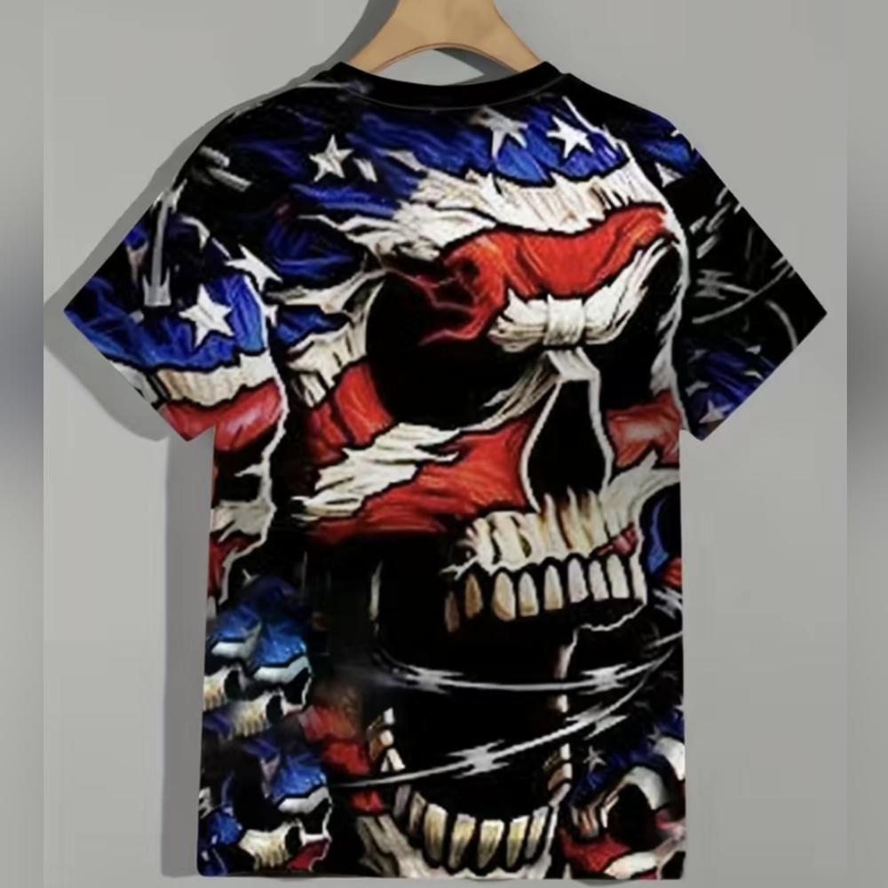 🆕Biker Grimreaper T-shirt US Flag Colors Double sided Short Sleeve Large NWOT